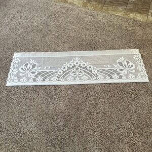 Vintage White Floral Lace Window Valance Scalloped Bow Pattern 58x18 Rod Pocket